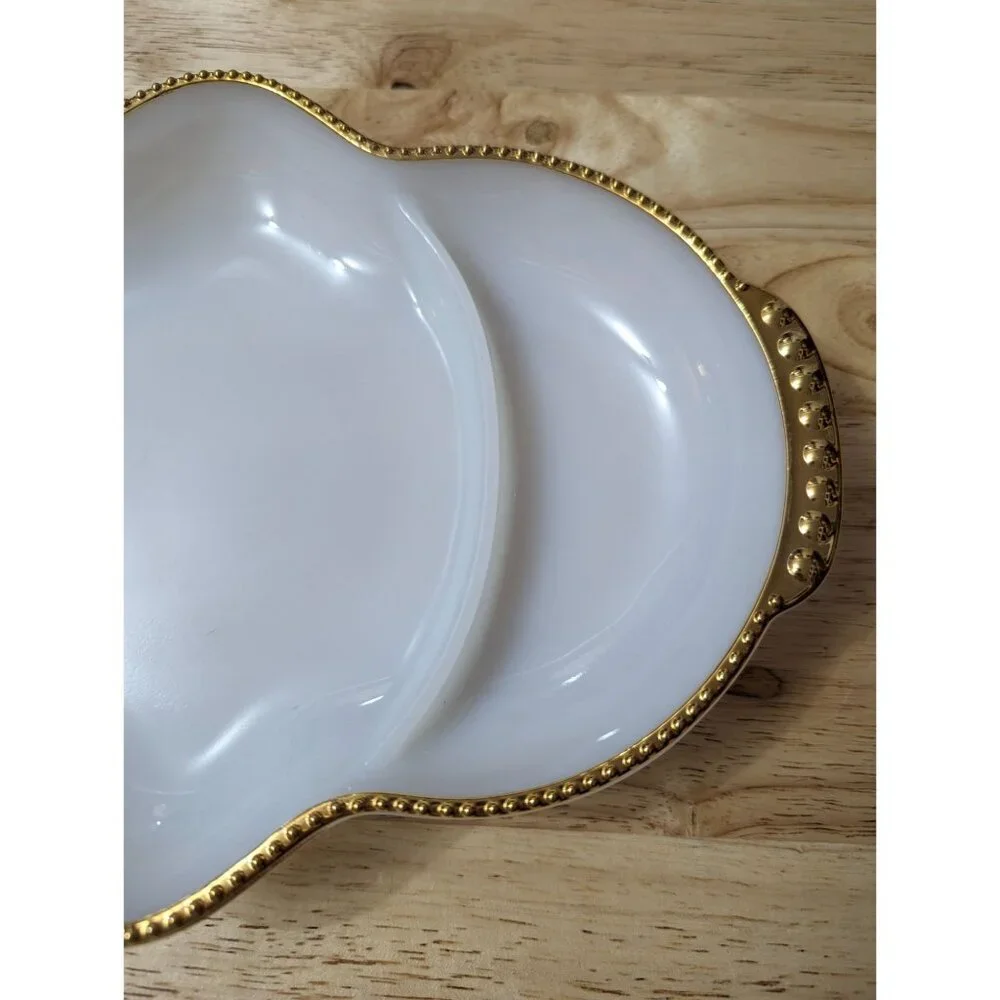 Fire King Milk Glass Divided relish tray gold‎ tone hobnail rim 11x8 inch